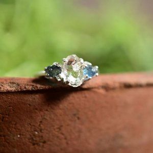 Raw Sapphire and lake county diamond ring silver